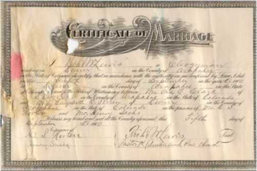 Ora E. Clark & Elizabeth B. Perren Marriage Certificate, Denver (1900)